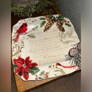 222 Fifth HOLIDAY WISHES PLATE Red Cardinal Poinsettia bird.